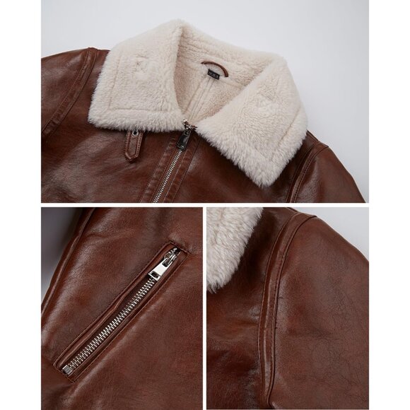 Women's Fur Leather Jacket Shearing Cropped Faux Fur Lined Moto Coat 156 Brown - Picture 4 of 5
